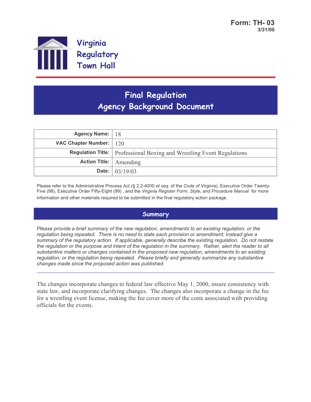 Agency Background Document Form: TH- 03