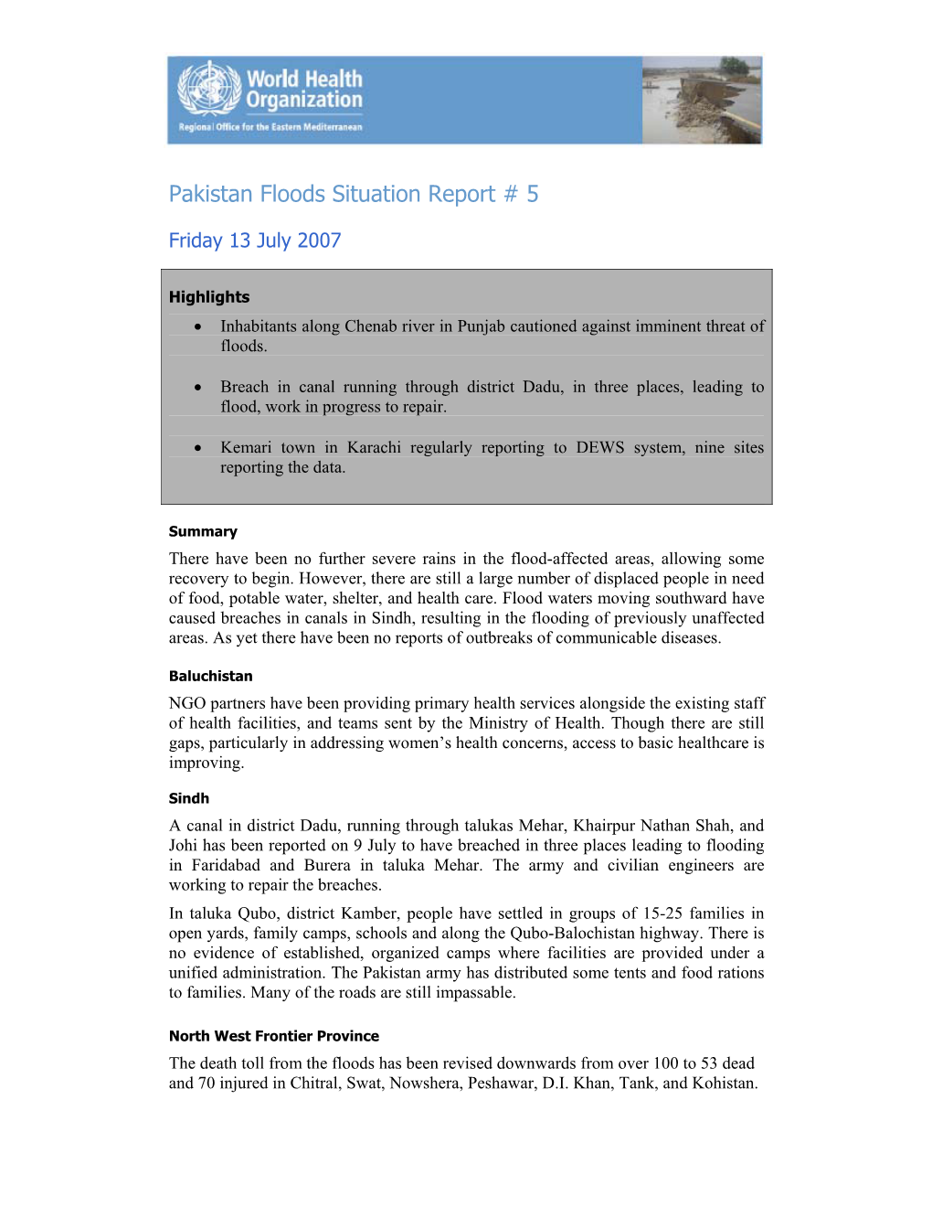 Pakistan Floods Situation Report # 5