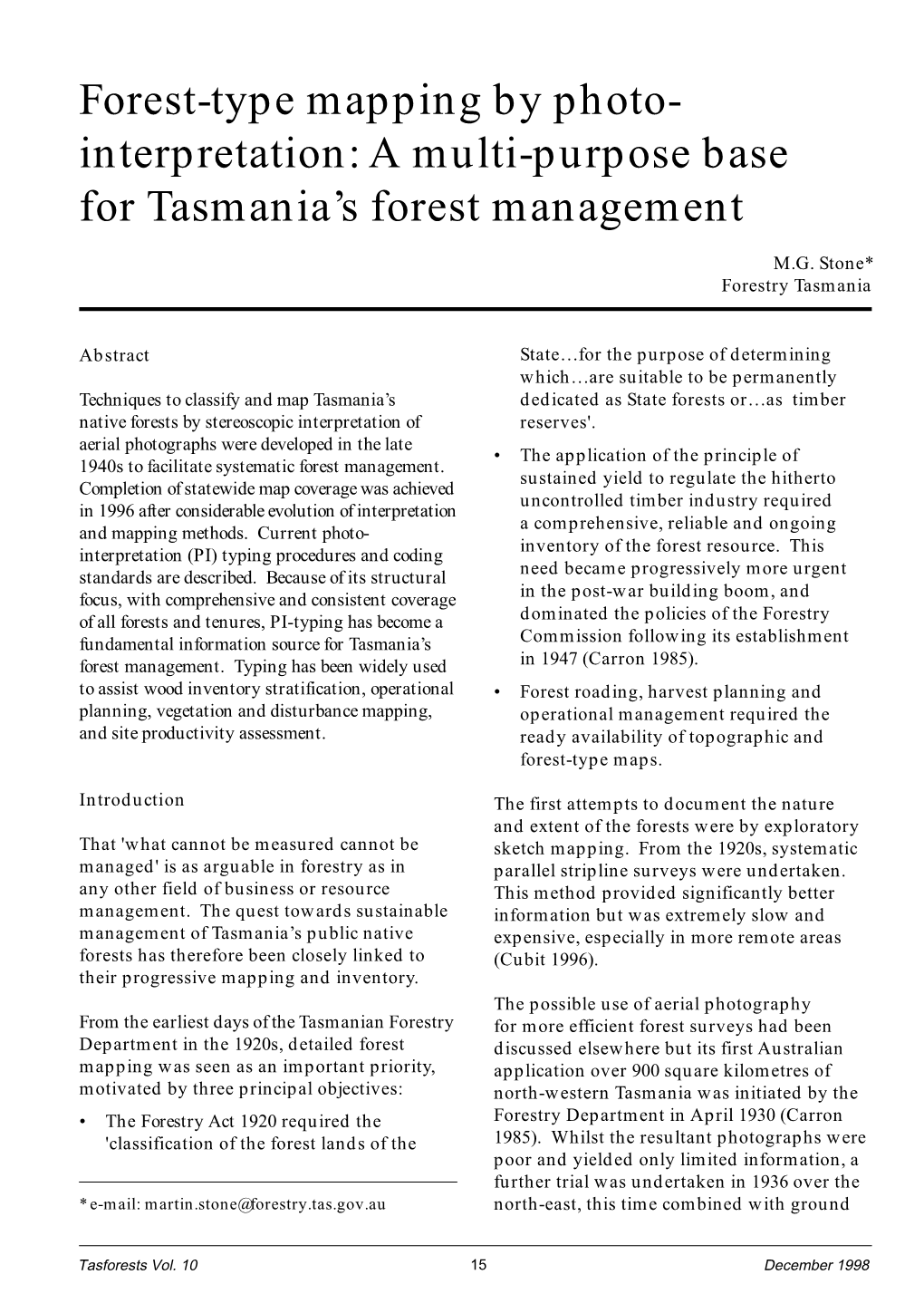 Forest-Type Mapping by Photo- Interpretation: a Multi-Purpose Base for Tasmania’S Forest Management