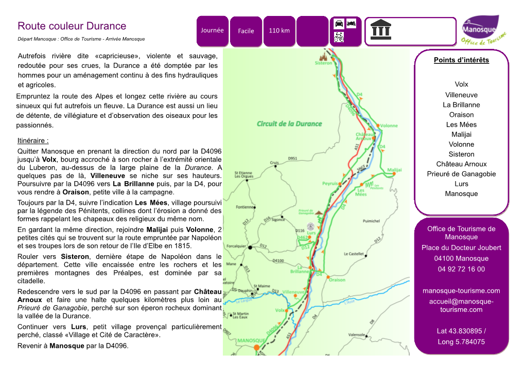 Route Couleur Durance Journée Facile 110 Km Départ Manosque : Office De Tourisme - Arrivée Manosque