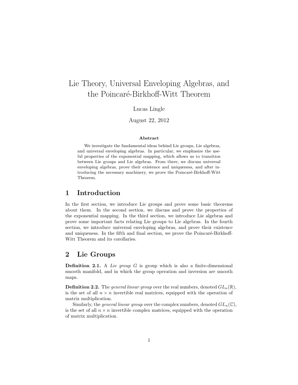 Lie Theory, Universal Enveloping Algebras, and the Poincar้-Birkhoff-Witt Theorem