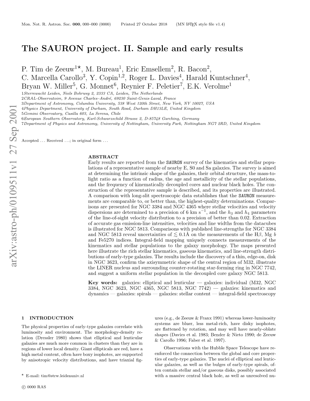 The SAURON Project. II. Sample and Early Results