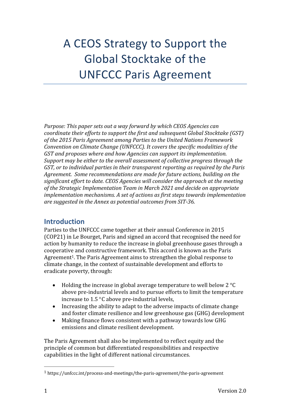 A CEOS Strategy to Support the Global Stocktake of the UNFCCC Paris Agreement