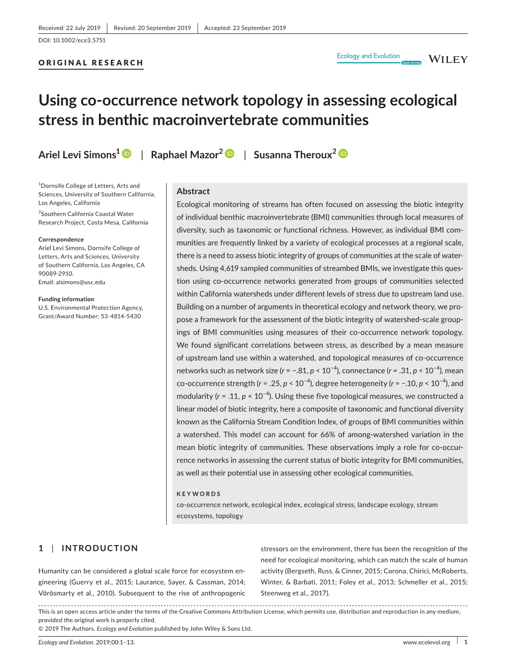 Using Co‐Occurrence Network Topology in Assessing Ecological Stress in Benthic Macroinvertebrate Communities