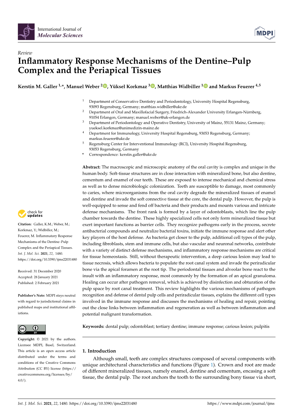 Inflammatory Response Mechanisms of the Dentine–Pulp Complex And