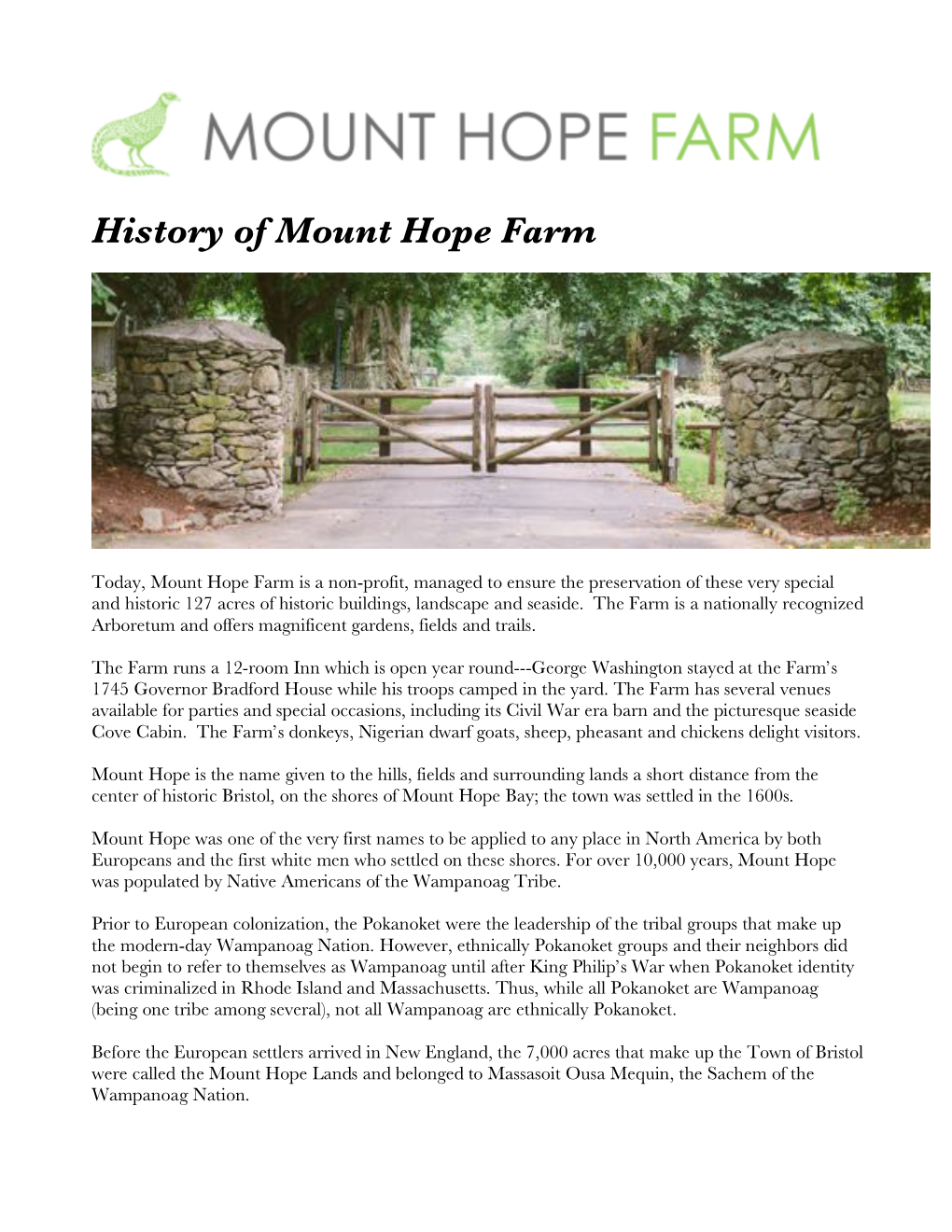 History of Mount Hope Farm 8 28 19