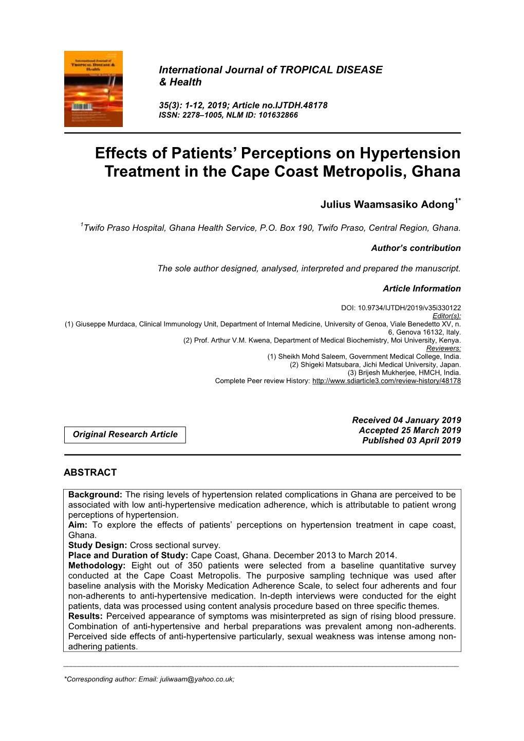 Effects of Patients' Perceptions on Hypertension Treatment in The