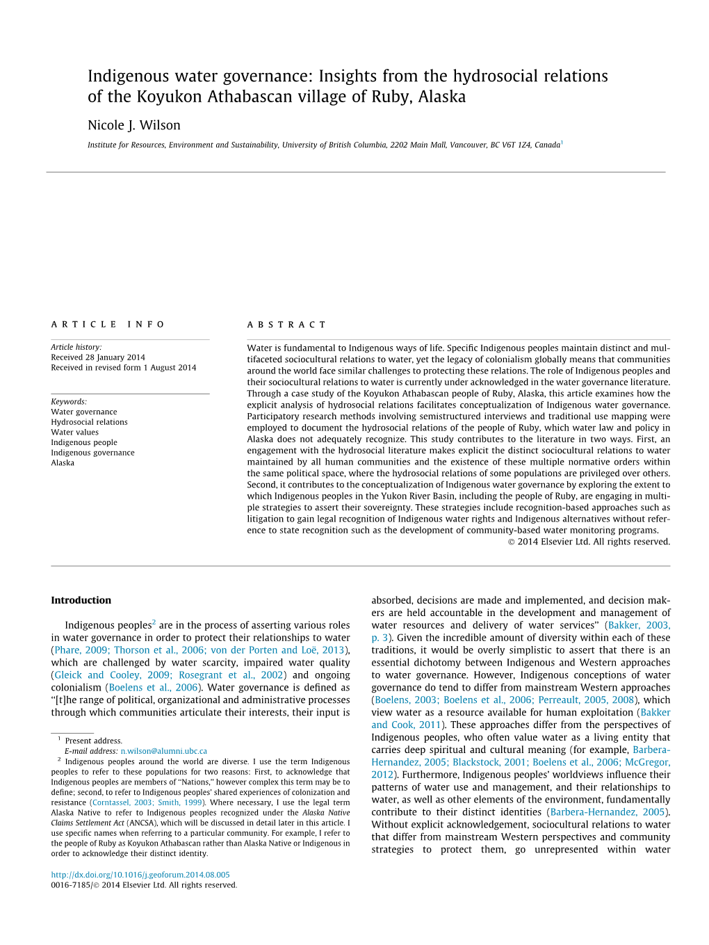 Insights from the Hydrosocial Relations of the Koyukon Athabascan Village of Ruby, Alaska