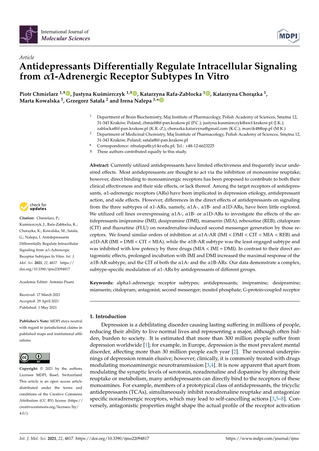 Antidepressants Differentially Regulate Intracellular Signaling from Α1-Adrenergic Receptor Subtypes in Vitro