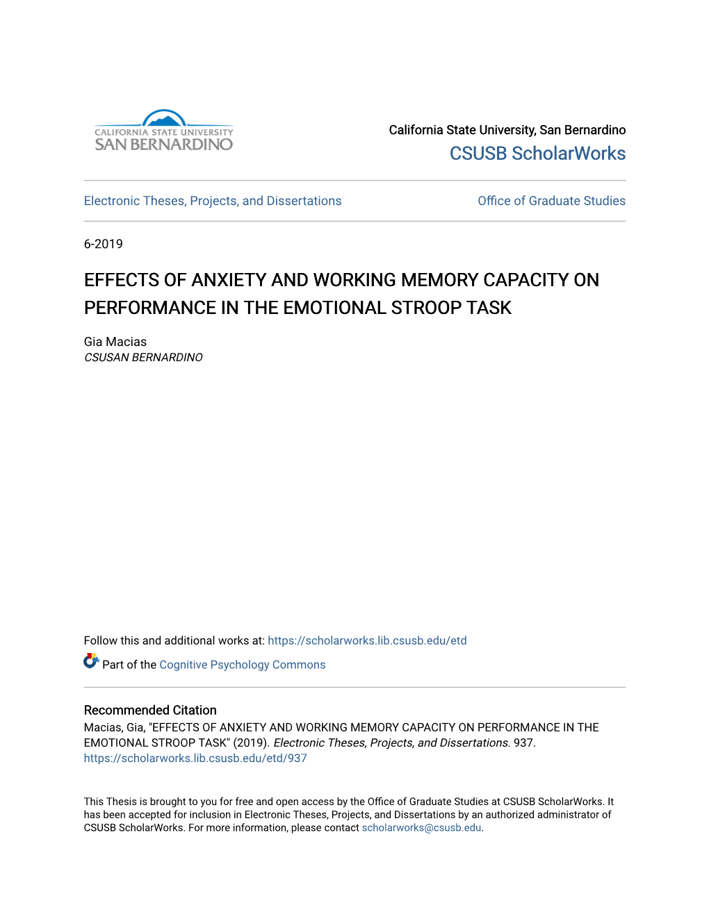 Effects of Anxiety and Working Memory Capacity on Performance in the Emotional Stroop Task