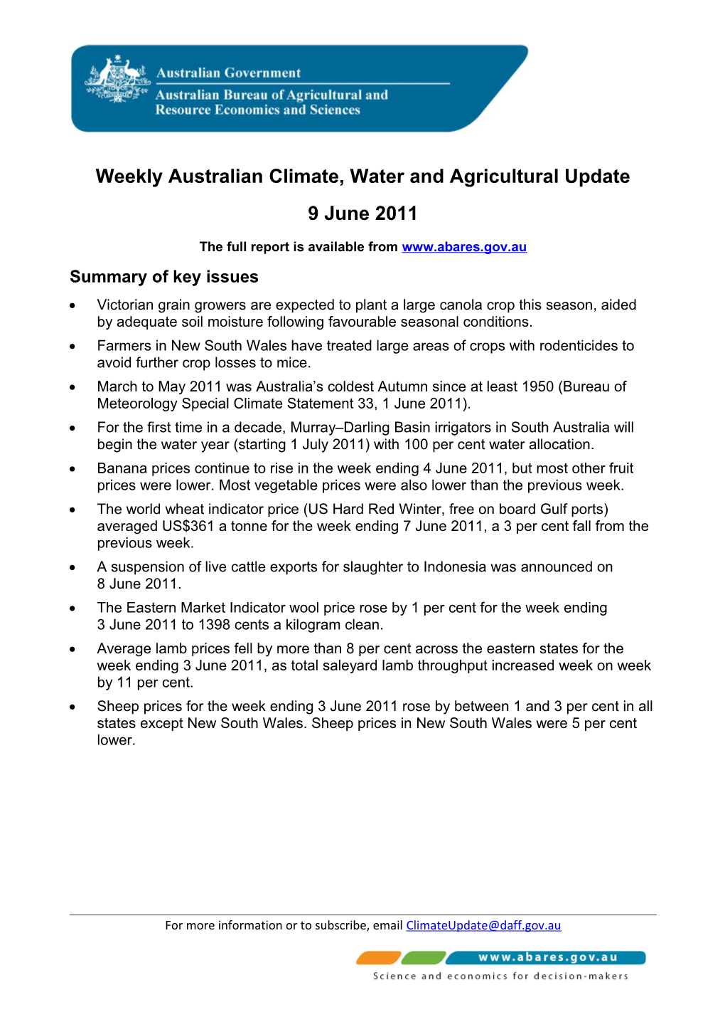 Weekly Australian Climate, Water and Agricultural Update