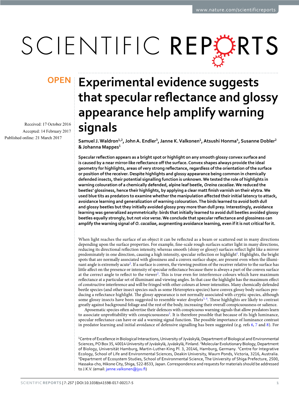 Experimental Evidence Suggests That Specular Reflectance and Glossy