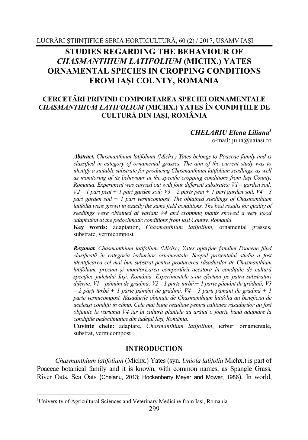Studies Regarding the Behaviour of Chasmanthium Latifolium (Michx.) Yates Ornamental Species in Cropping Conditions from Iaşi County, Romania