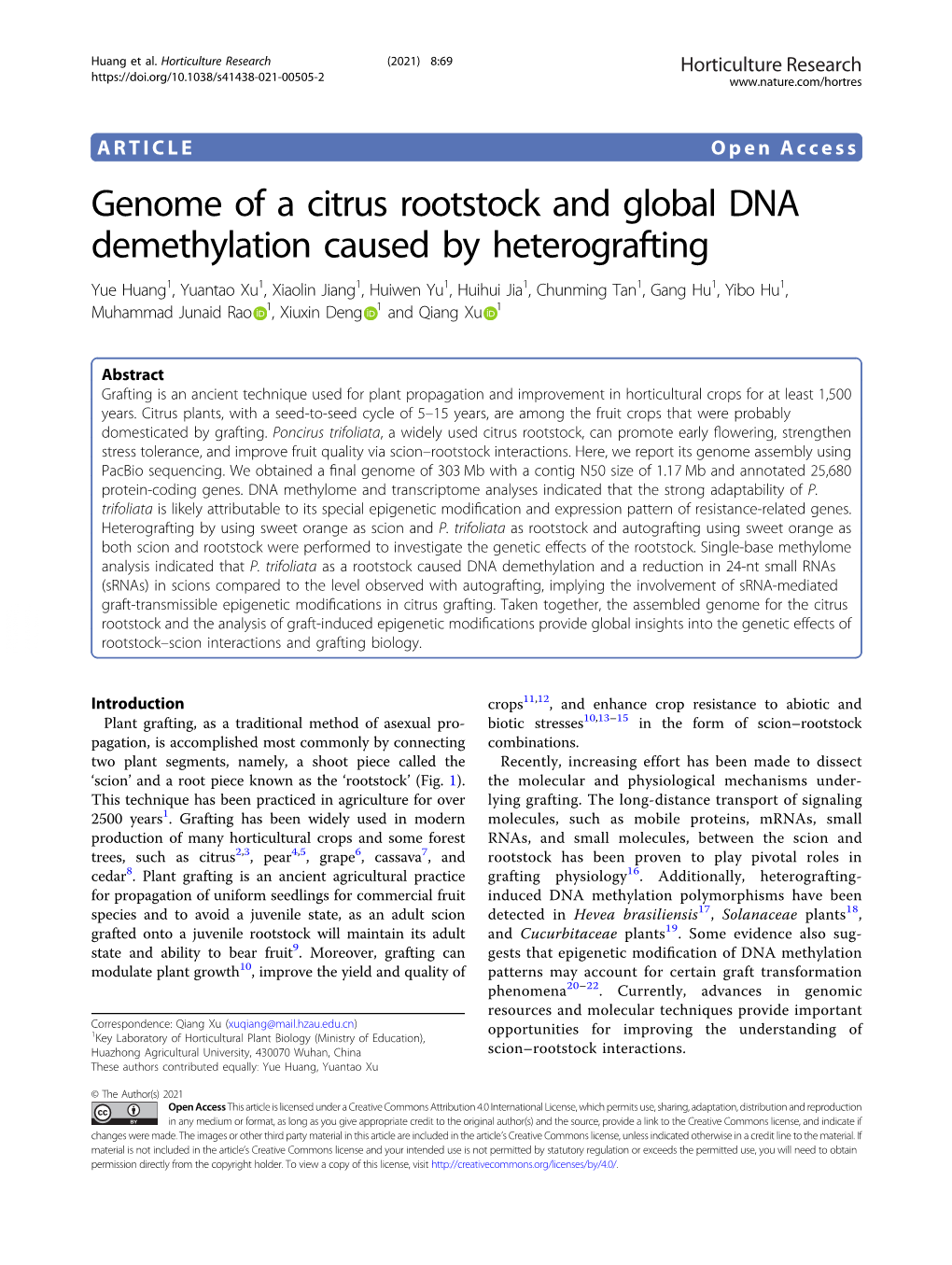 Genome of a Citrus Rootstock and Global DNA Demethylation Caused