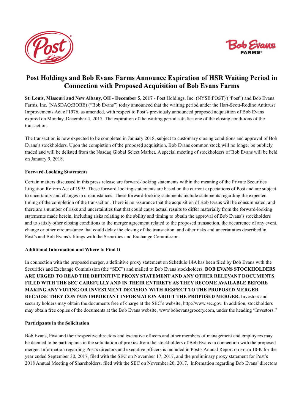 Post Holdings and Bob Evans Farms Announce Expiration of HSR Waiting Period in Connection with Proposed Acquisition of Bob Evans Farms