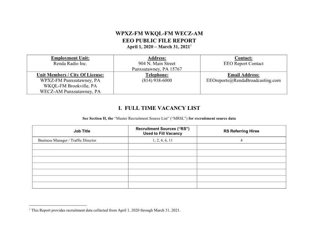 Wpxz-Fm Wkql-Fm Wecz-Am Eeo Public File Report I. Full