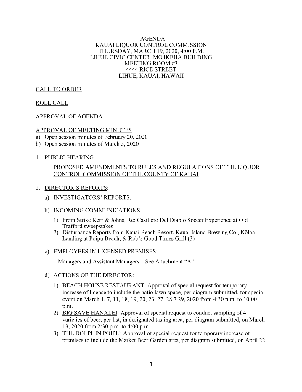 1 Agenda Kauai Liquor Control Commission