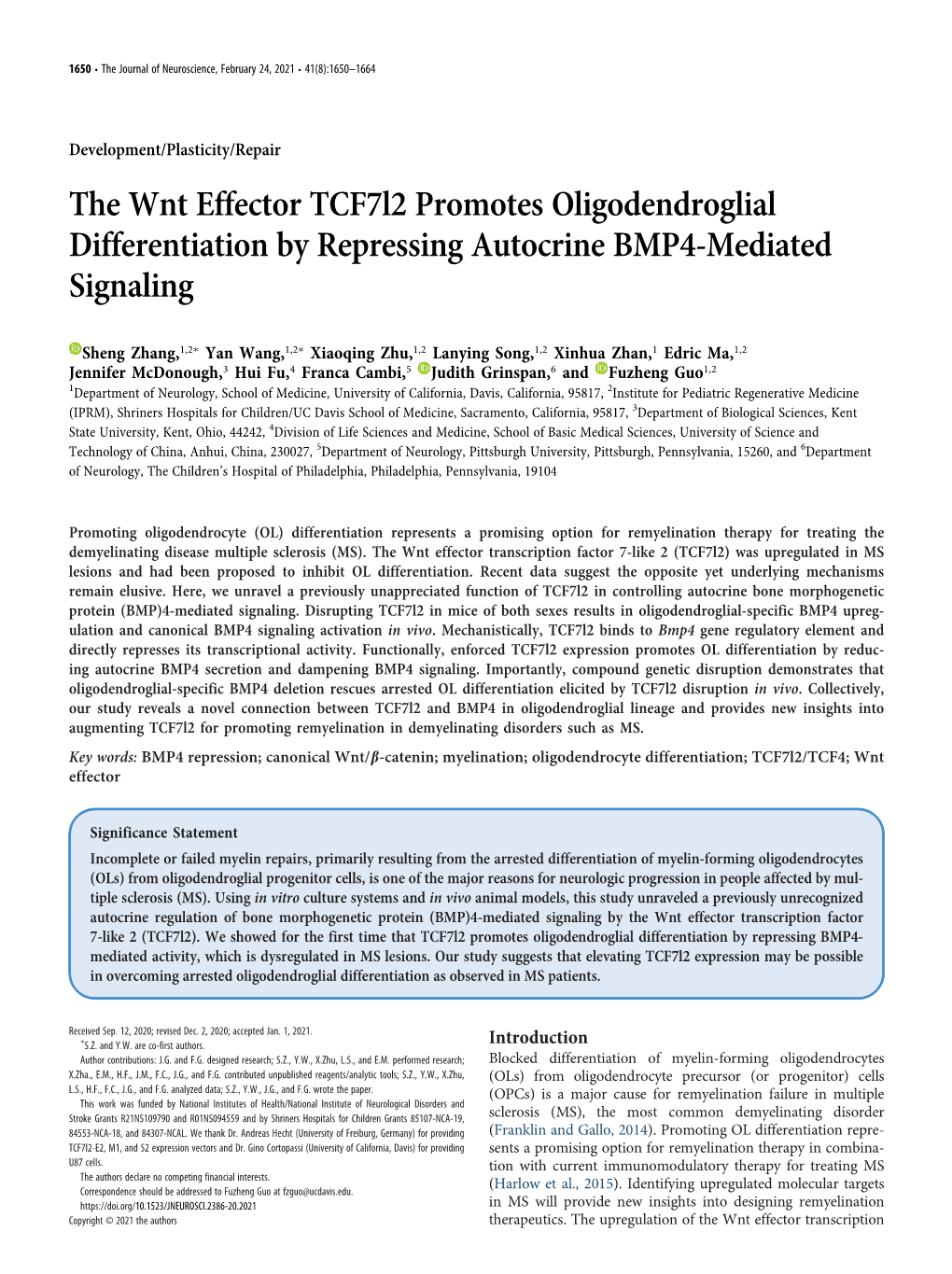 The Wnt Effector Tcf7l2 Promotes Oligodendroglial Differentiation by Repressing Autocrine BMP4-Mediated Signaling