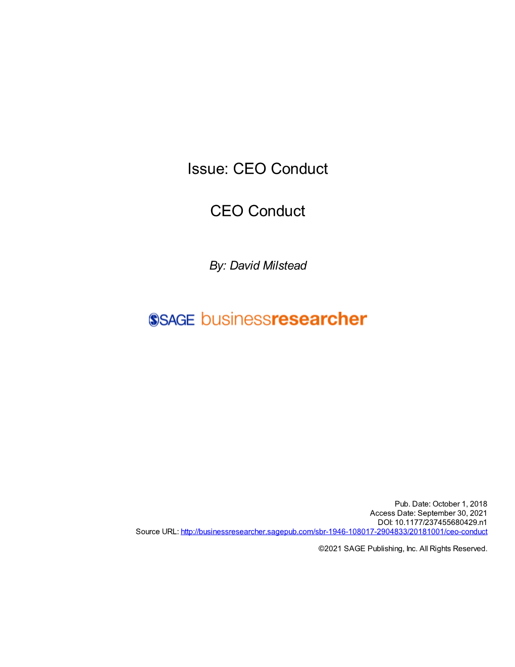 Issue: CEO Conduct CEO Conduct