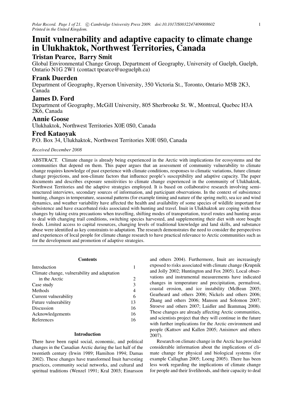 Inuit Vulnerability and Adaptive Capacity to Climate Change In