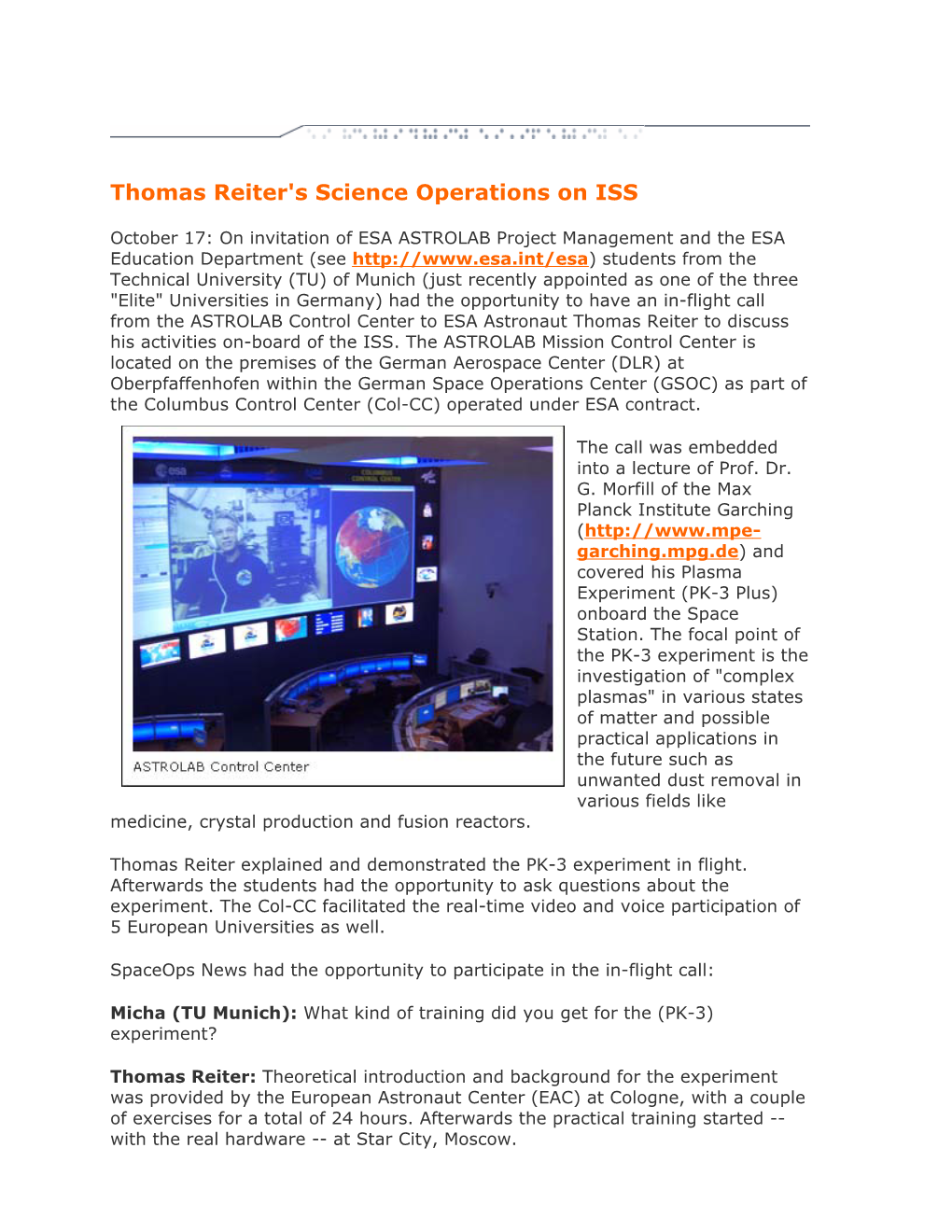 Thomas Reiter's Science Operations on ISS