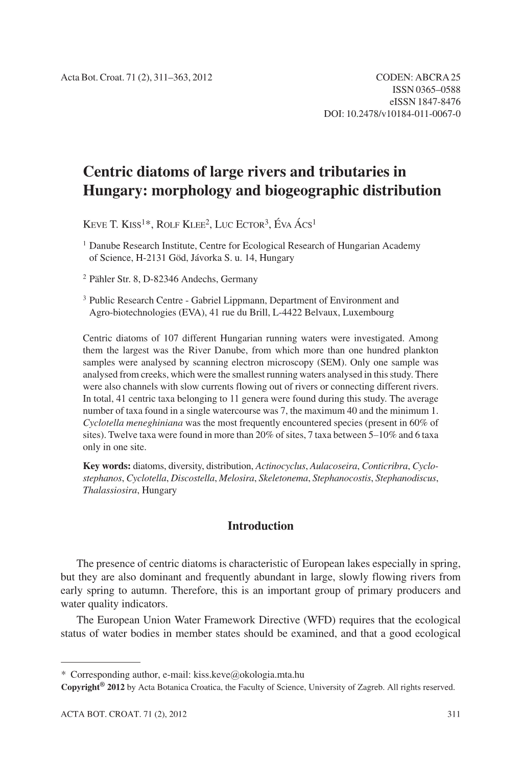 Centric Diatoms of Large Rivers and Tributaries in Hungary: Morphology and Biogeographic Distribution