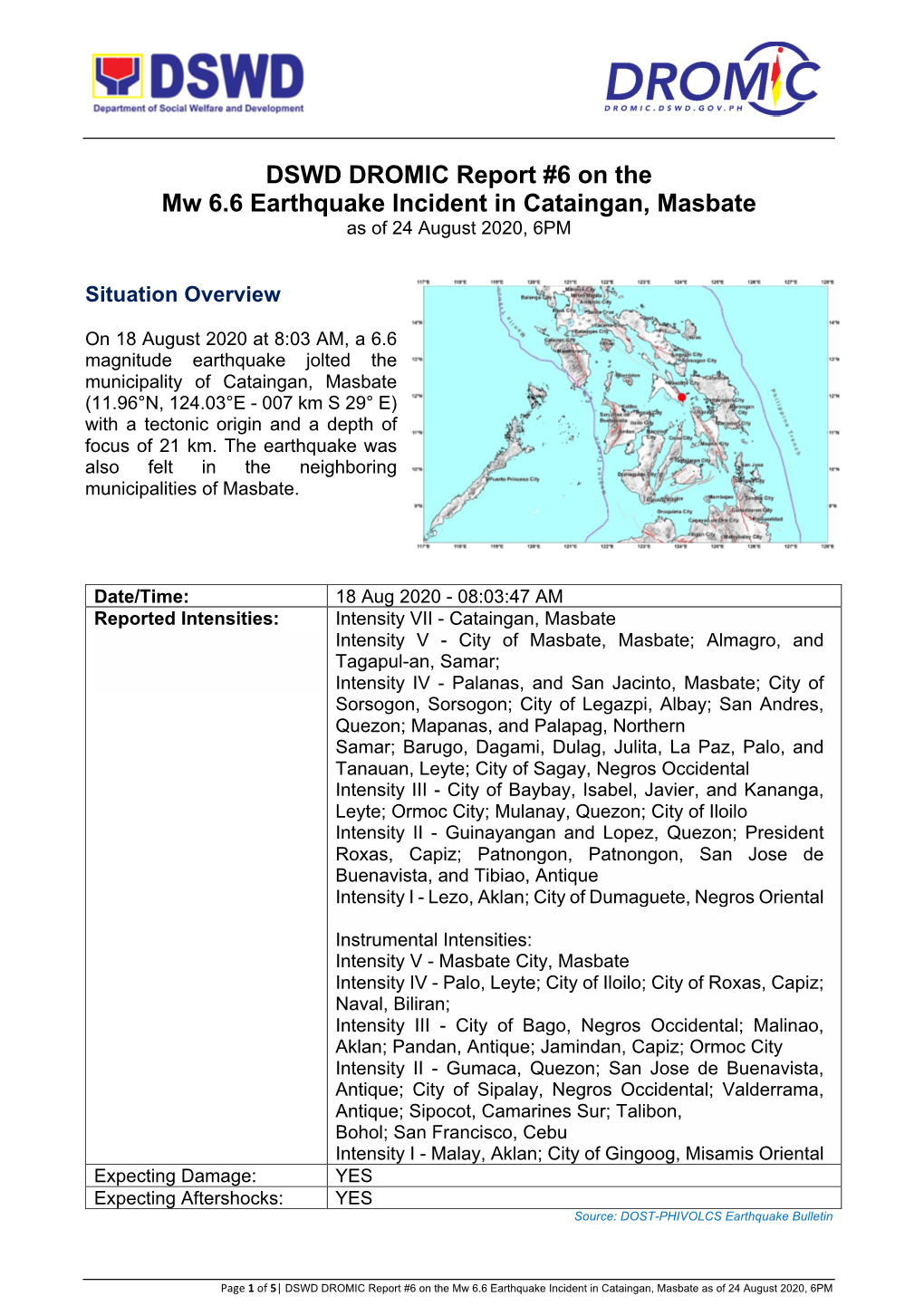 DSWD DROMIC Report #6 on the Mw 6.6 Earthquake Incident in Cataingan, Masbate As of 24 August 2020, 6PM