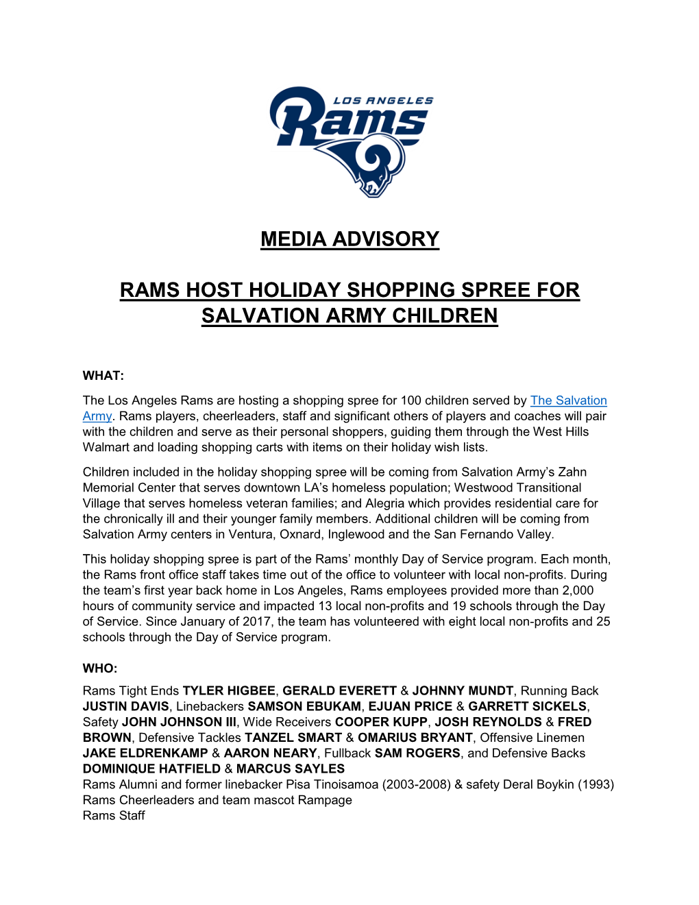 Media Advisory Rams Host Holiday Shopping Spree for Salvation Army Children