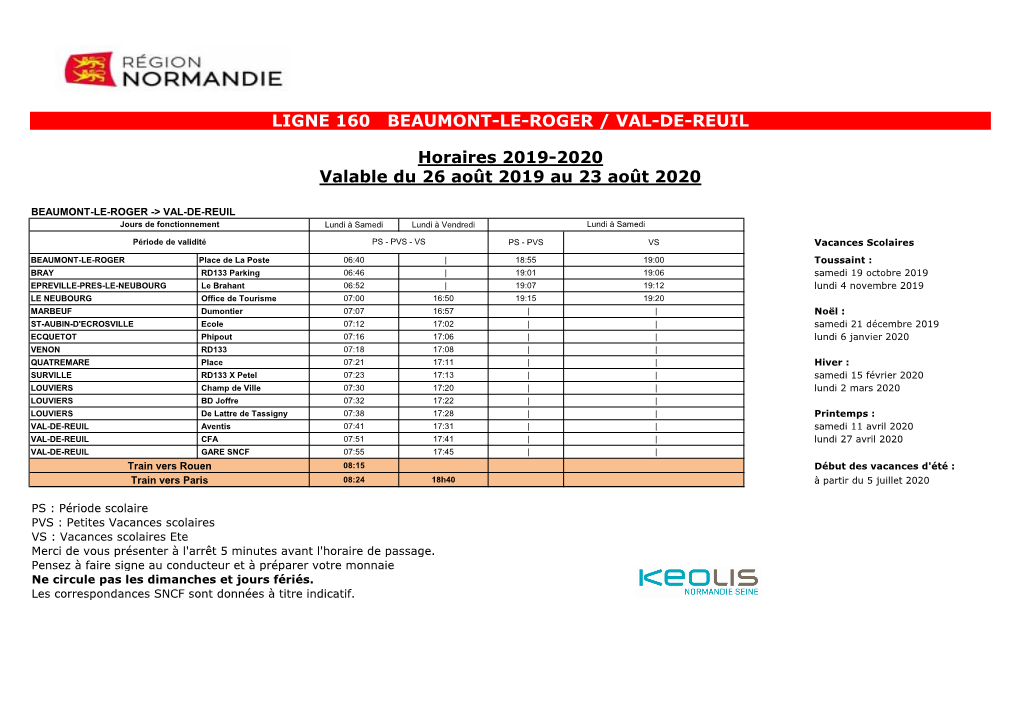 Ligne 160 Beaumont-Le-Roger / Val-De-Reuil