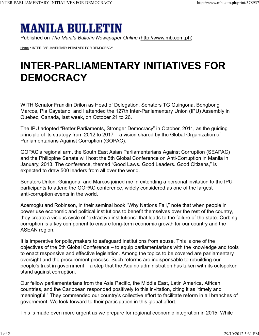 Inter-Parliamentary Initiatives for Democracy