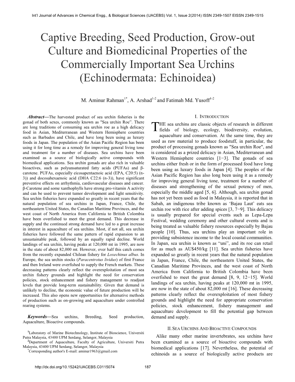 Captive Breeding, Seed Production, Grow-Out Culture and Biomedicinal Properties of the Commercially Important Sea Urchins (Echinodermata: Echinoidea)