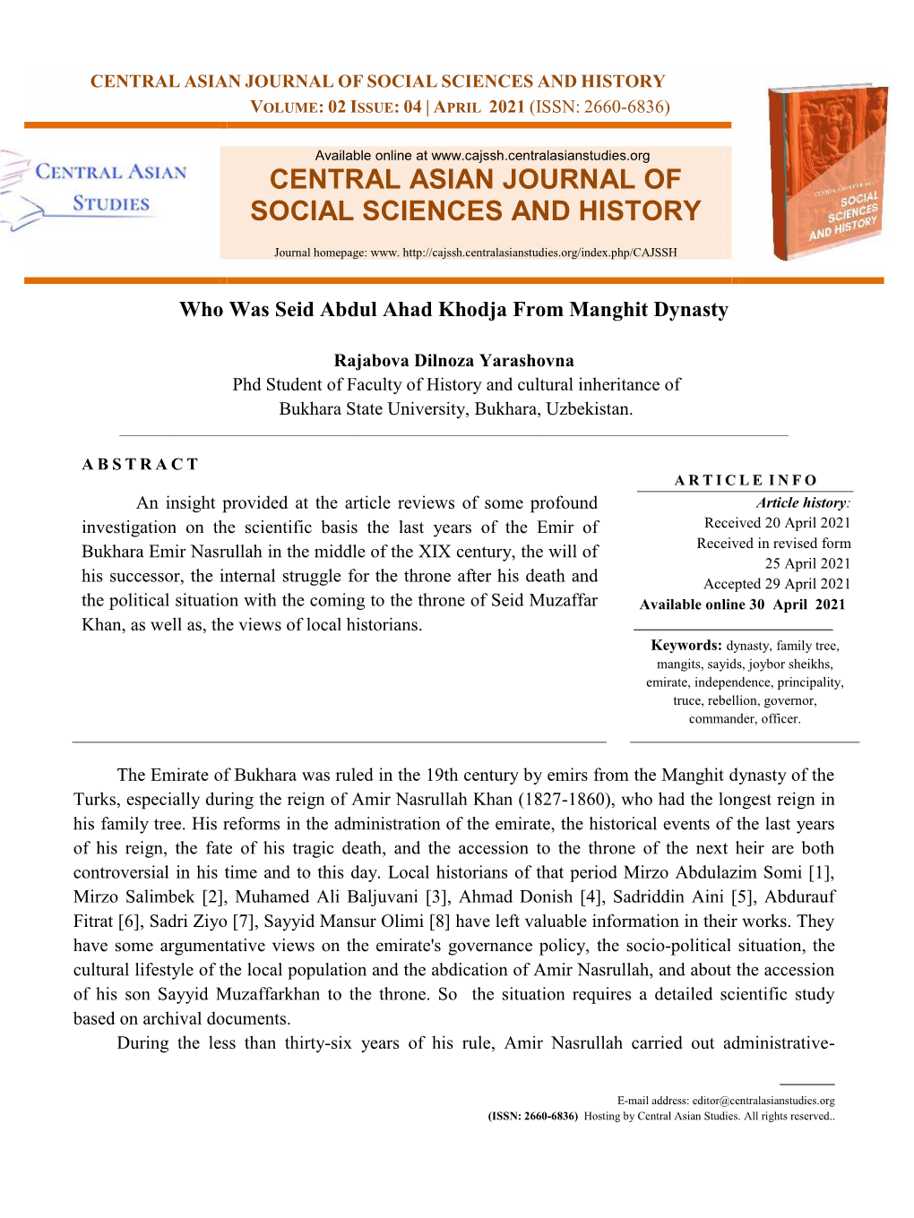 Central Asian Journal of Social Sciences and History