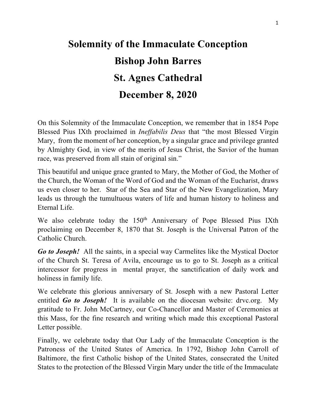 Solemnity of the Immaculate Conception Bishop John Barres St