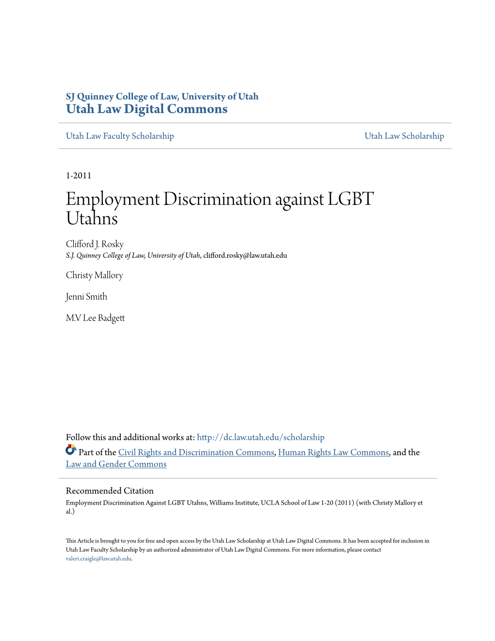 Employment Discrimination Against LGBT Utahns Clifford J