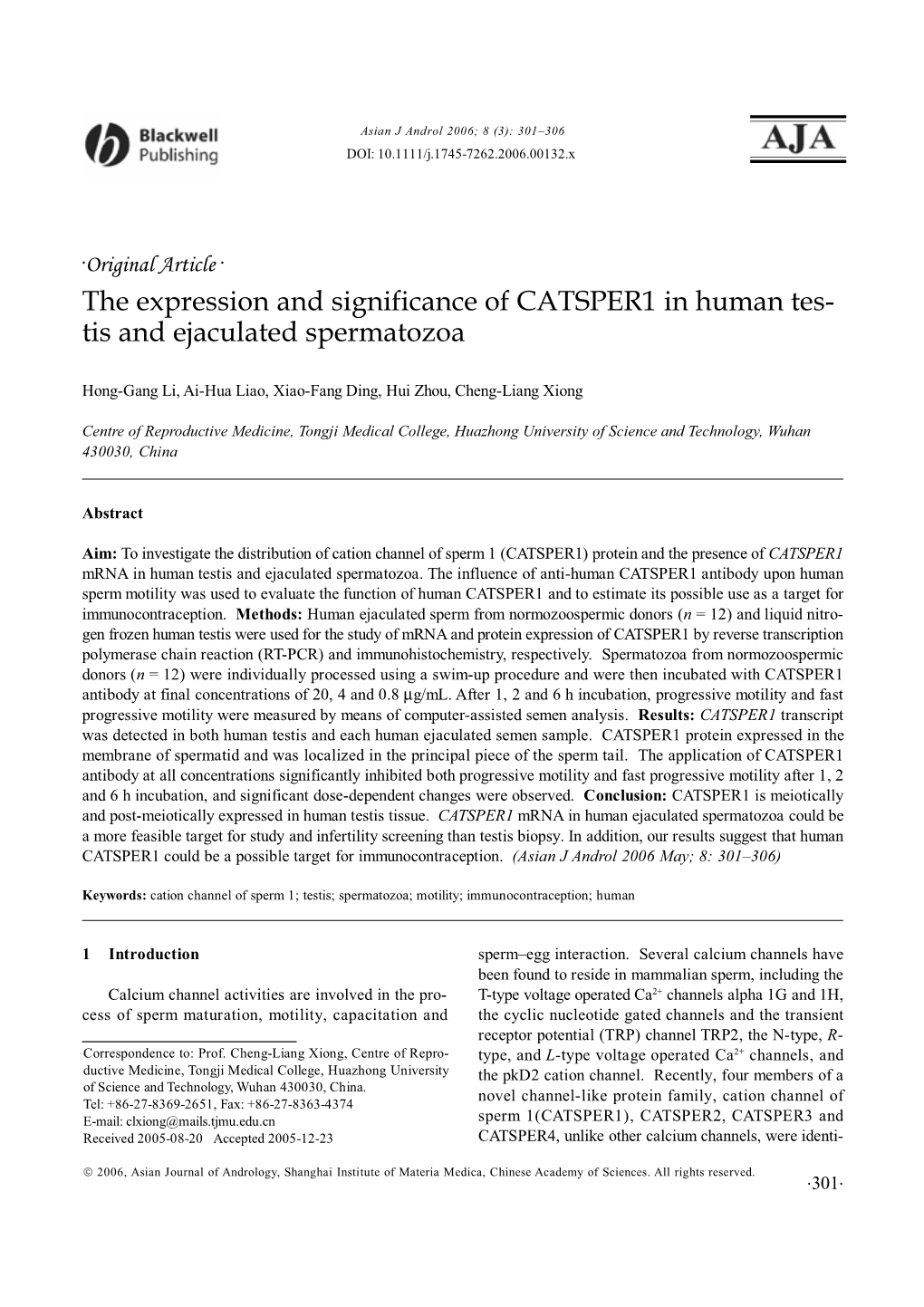 The Expression and Significance of CATSPER1 in Human Tes- Tis and Ejaculated Spermatozoa