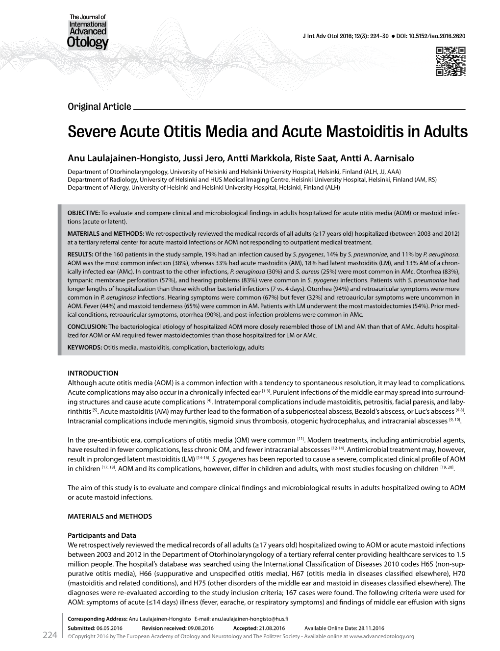 Severe Acute Otitis Media and Acute Mastoiditis in Adults