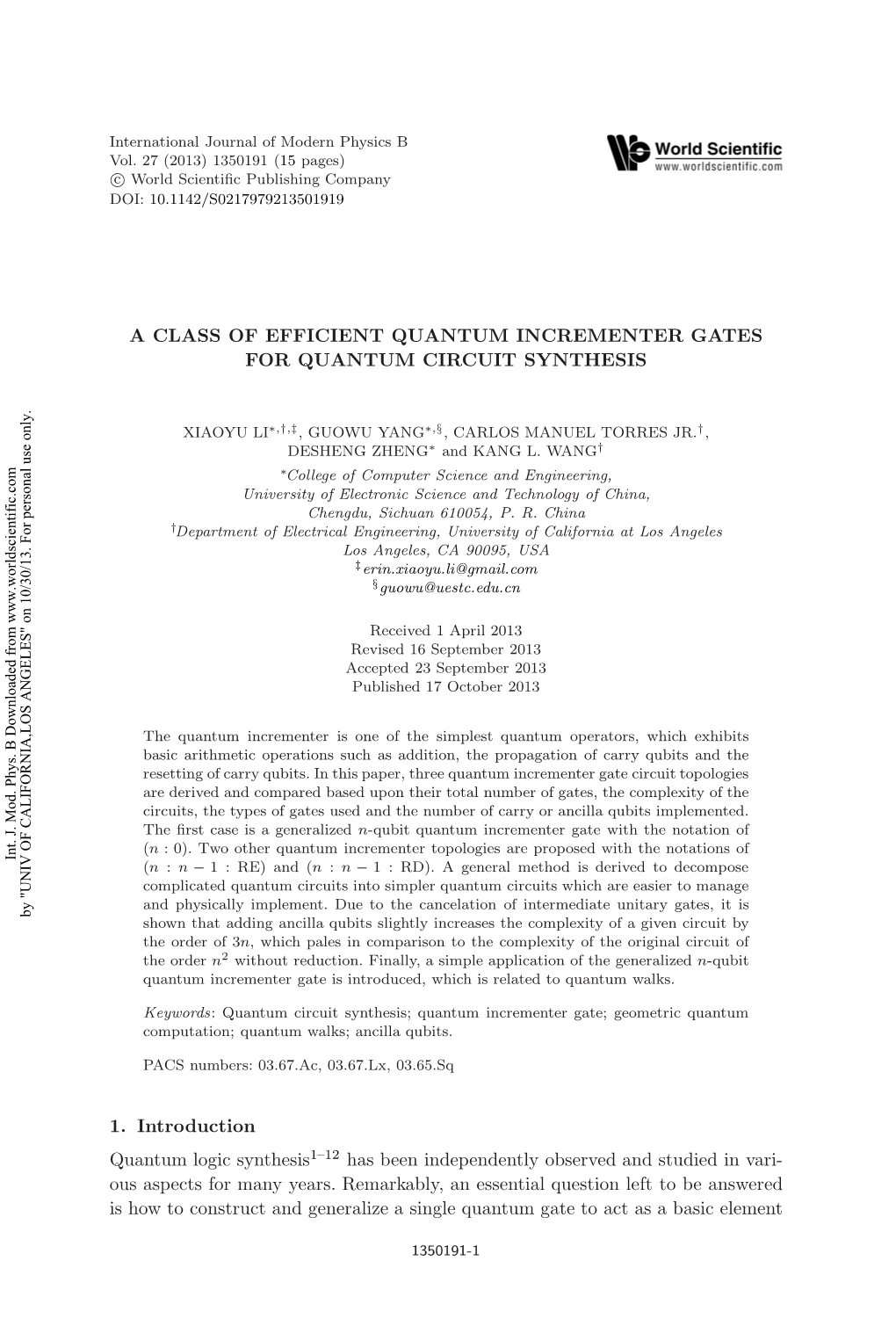 A Class of Efficient Quantum Incrementer Gates for Quantum Circuit Synthesis
