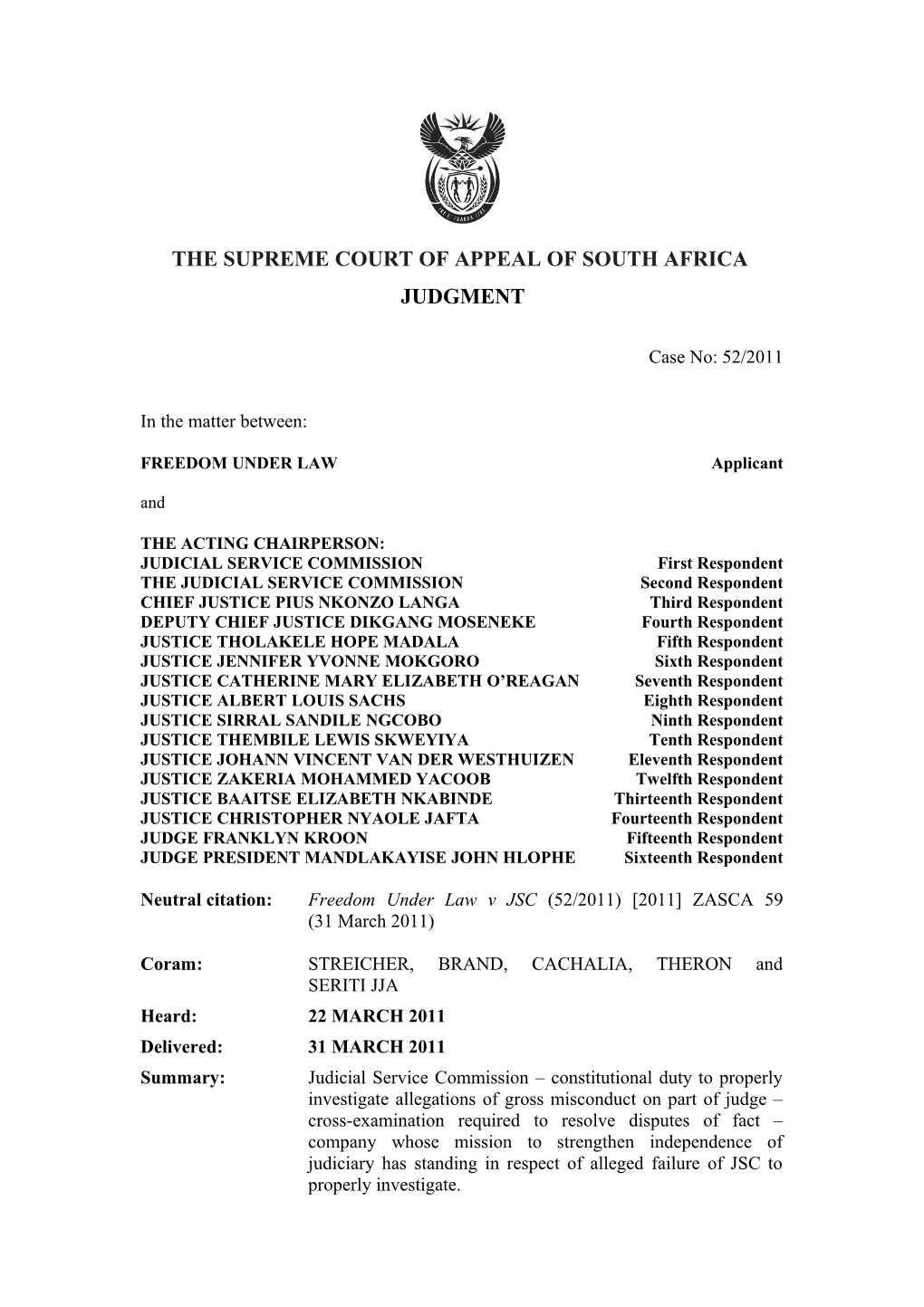 The Supreme Court of Appeal of South Africa Judgment