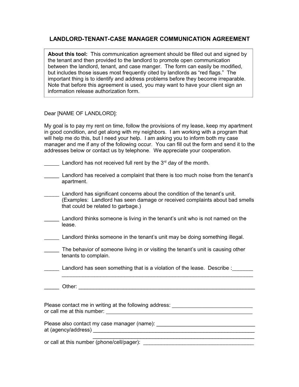 Landlord-Tenant Communication Agreement