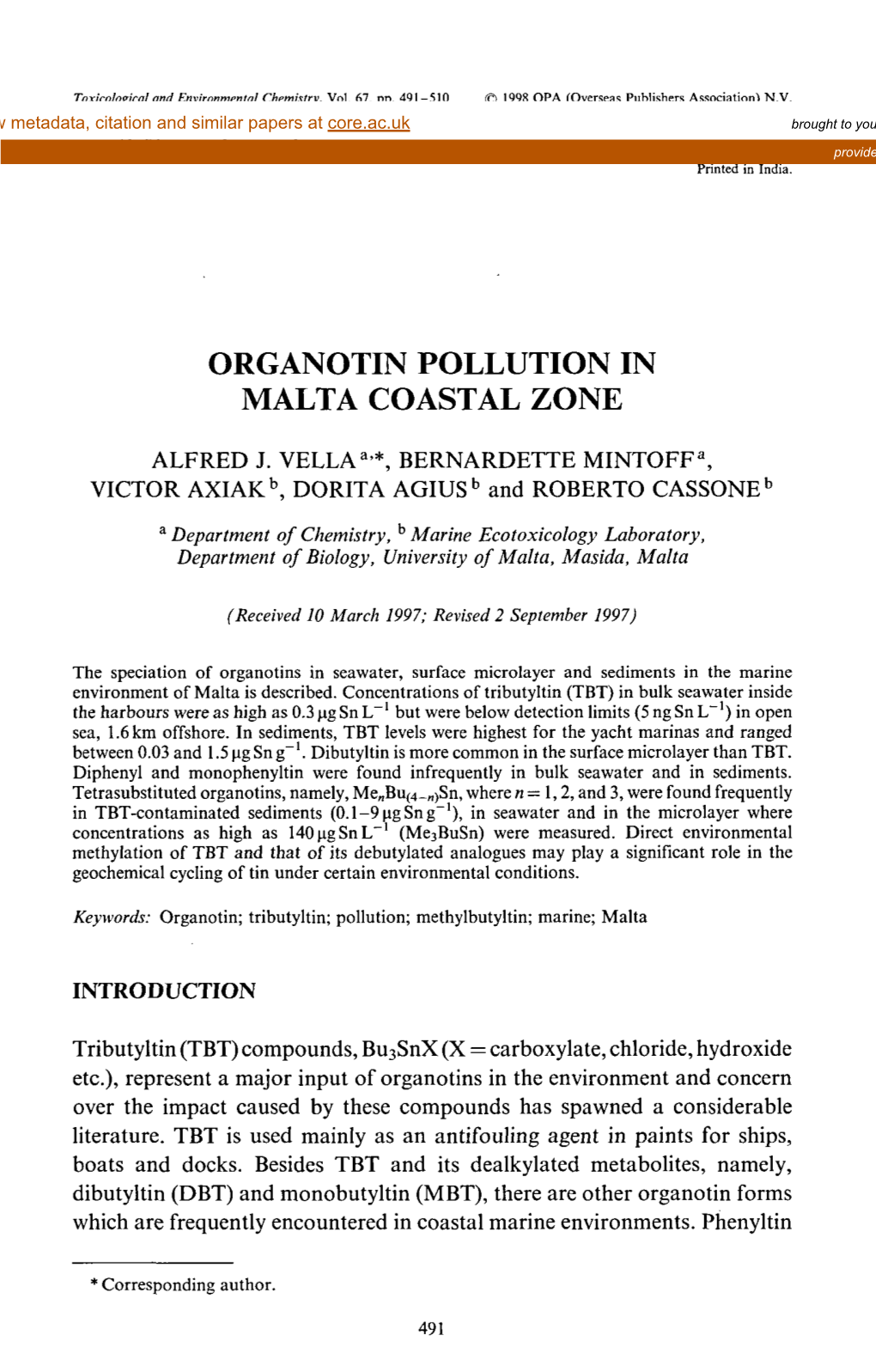 Organotin Pollution in Malta Coastal Zone