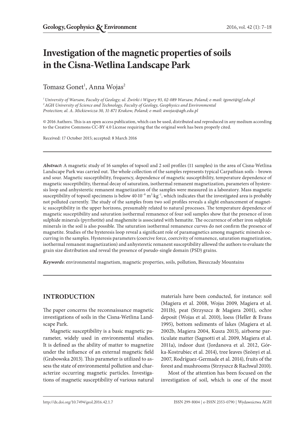 Investigation of the Magnetic Properties of Soils in the Cisna-Wetlina Landscape Park