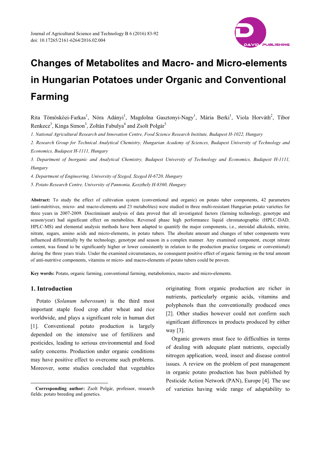 And Micro-Elements in Hungarian Potatoes Under Organic and Conventional Farming