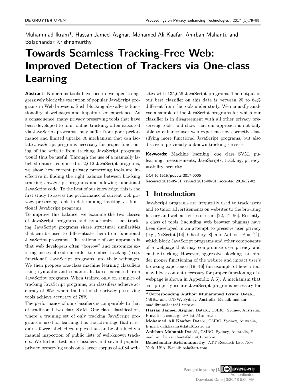 Towards Seamless Tracking-Free Web: Improved Detection of Trackers Via One-Class Learning