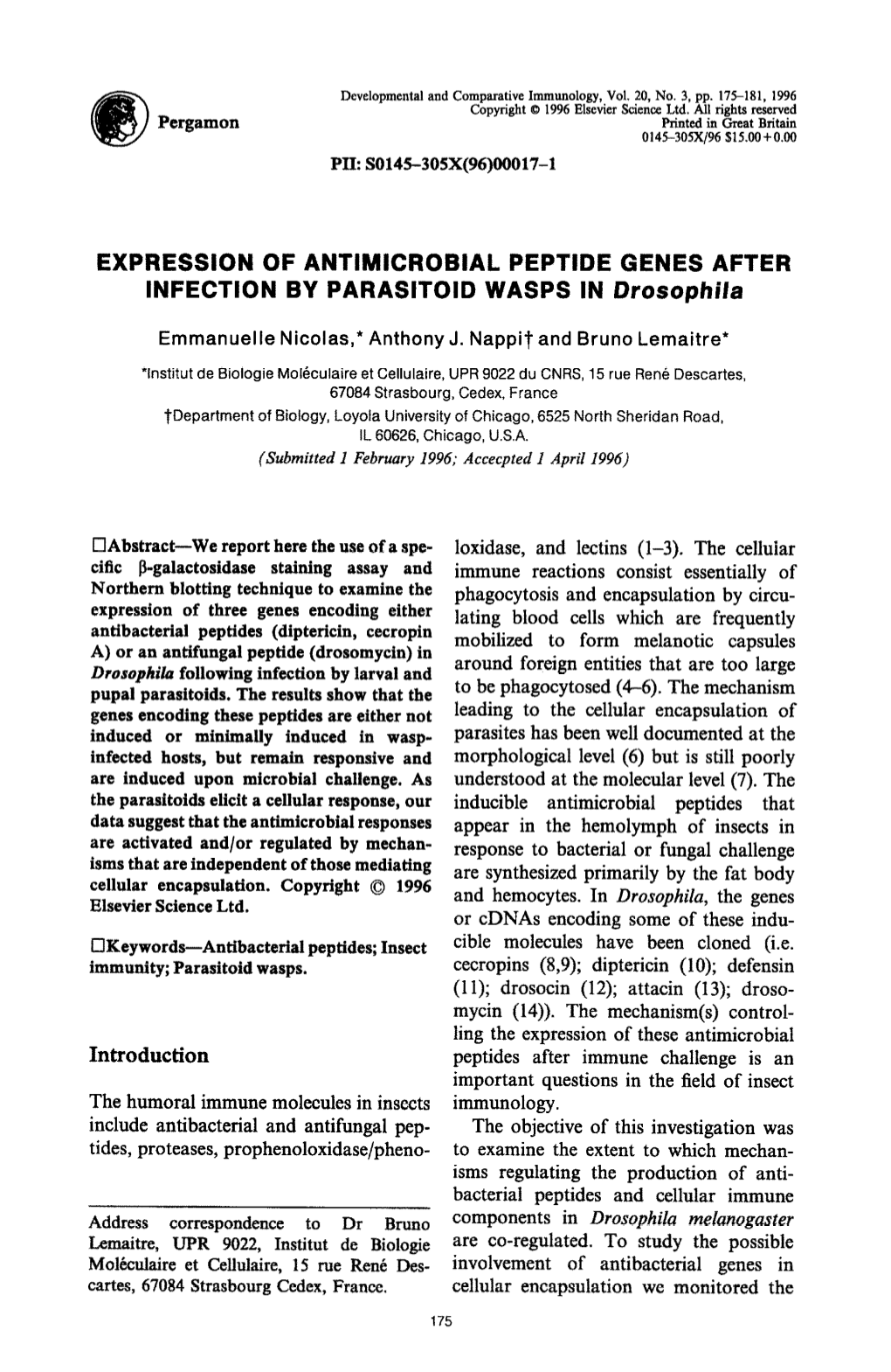 EXPRESSION of ANTIMICROBIAL PEPTIDE GENES AFTER INFECTION by PARASITOID WASPS in Drosophila