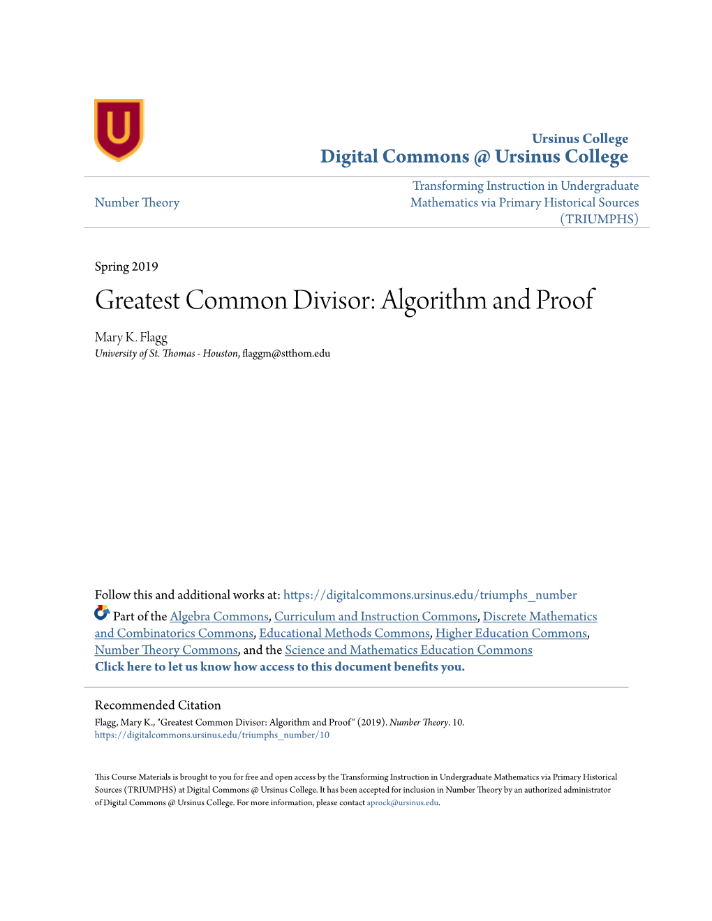 Greatest Common Divisor: Algorithm and Proof Mary K