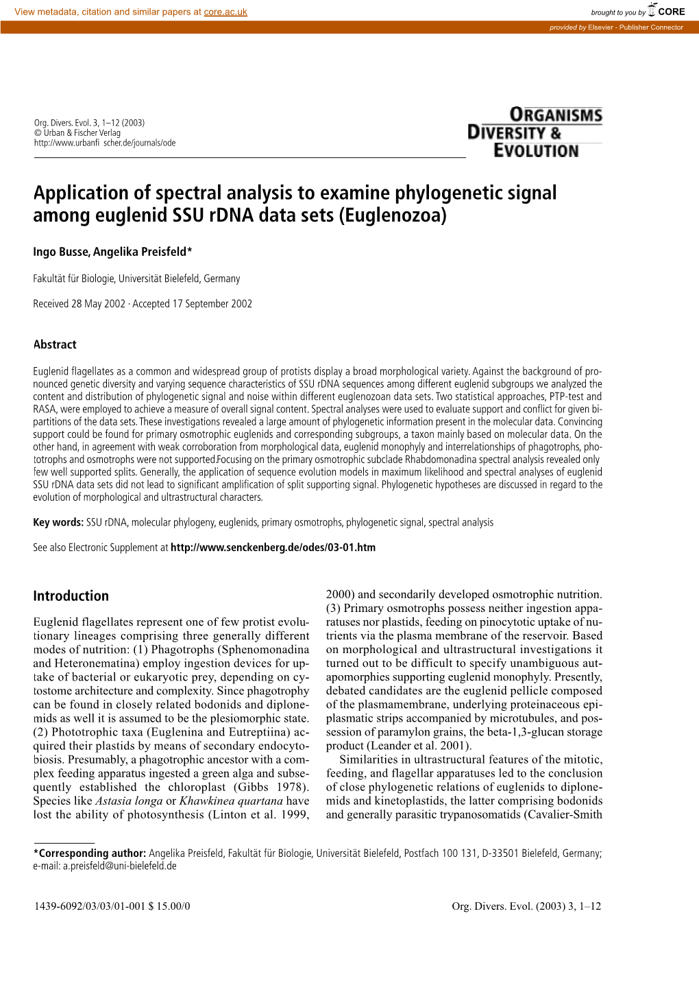 Application of Spectral Analysis to Examine Phylogenetic Signal Among Euglenid SSU Rdna Data Sets (Euglenozoa)