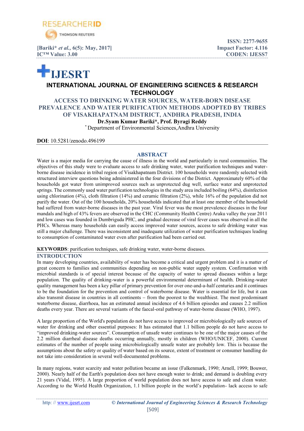 Access to Drinking Water Sources, Water-Born Disease Prevalence and Water Purification Methods Adopted by Tribes of Visakhapatna