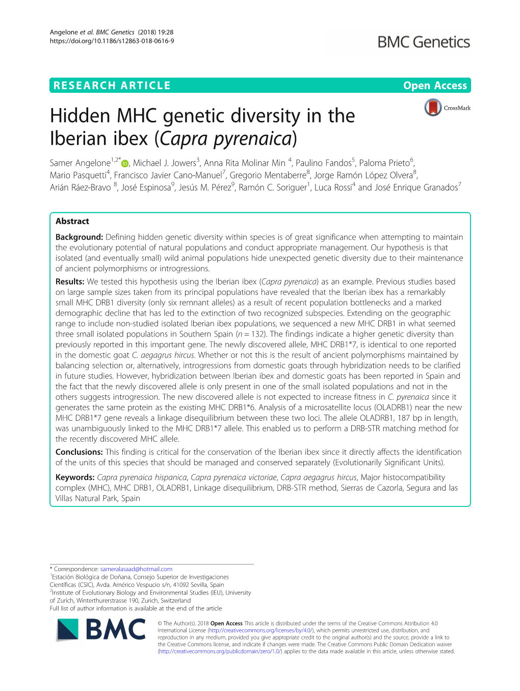 Hidden MHC Genetic Diversity in the Iberian Ibex (Capra Pyrenaica) Samer Angelone1,2* , Michael J