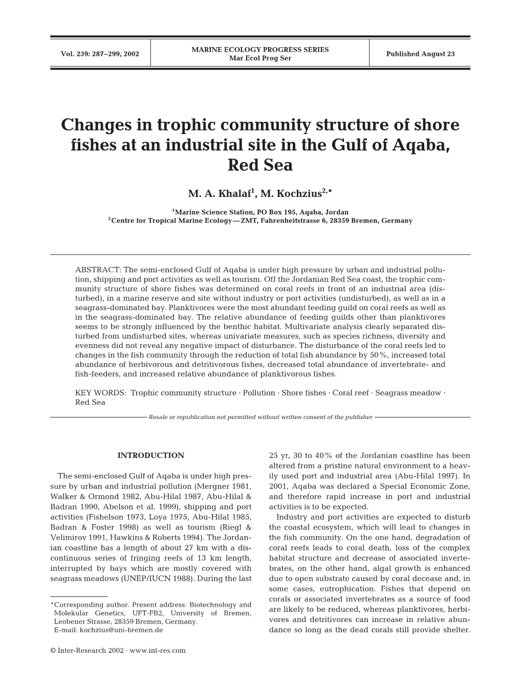 Changes in Trophic Community Structure of Shore Fishes at an Industrial Site in the Gulf of Aqaba, Red Sea