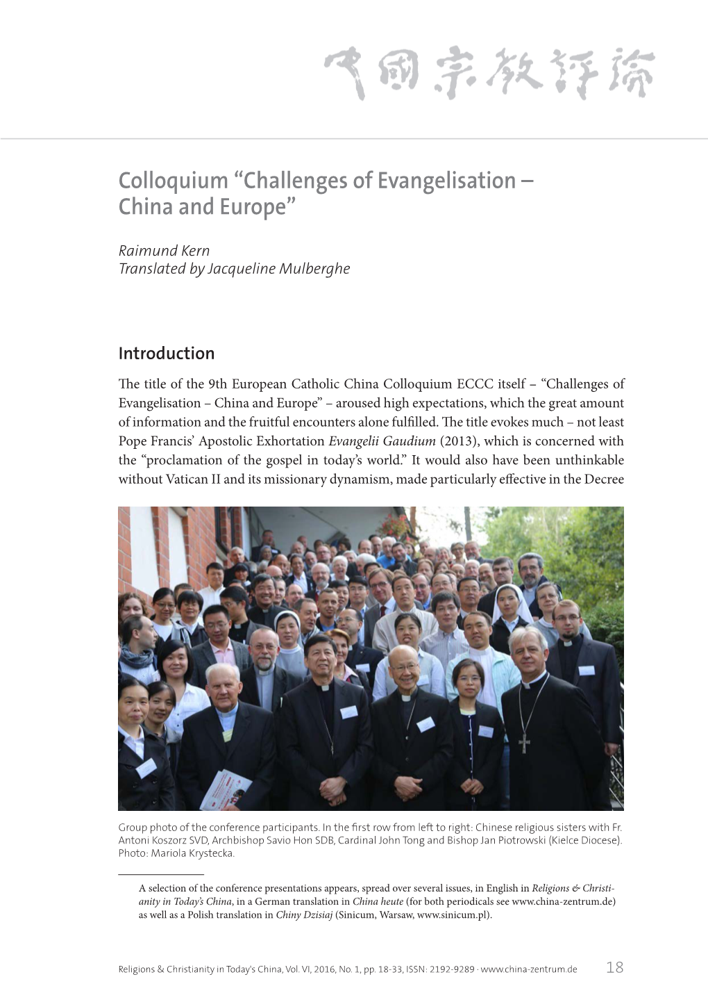 Challenges of Evangelisation – China and Europe”